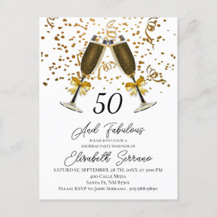 Gold Confetti Champagne Glasses 50th Birthday Invitation Postcard