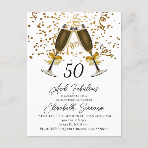 Gold Confetti Champagne Glasses 50th Birthday Invitation Postcard