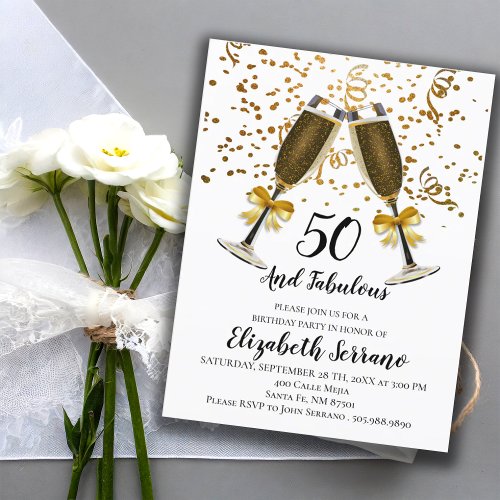 Gold Confetti Champagne Glasses 50th Birthday Invitation Postcard