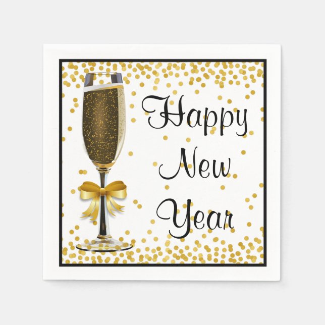 Gold Confetti Champagne Happy New Year Eve Party Paper Napkins (Front)