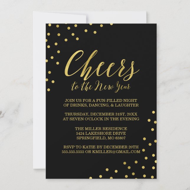 Gold Confetti Cheers New Year's Eve Party Invitation (Front)