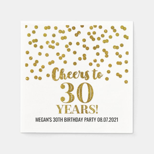 Gold Confetti Cheers to 30 Years Birthday Napkins (Front)