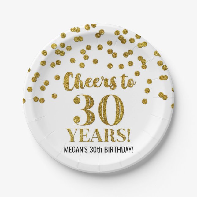 Gold Confetti Cheers to 30 Years Birthday Paper Plates (Front)