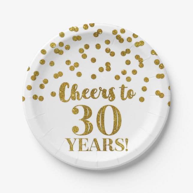Gold Confetti Cheers to 30 Years Birthday Paper Plates (Front)
