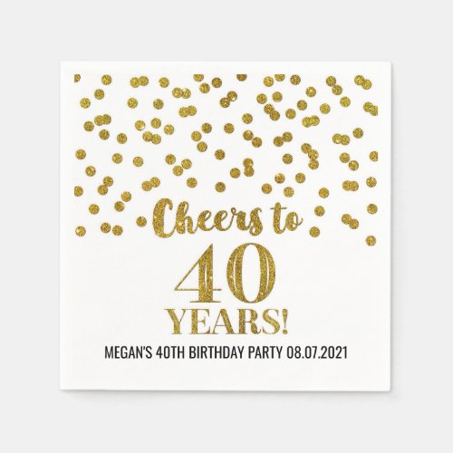 Gold Confetti Cheers to 40 Years Birthday Napkins
