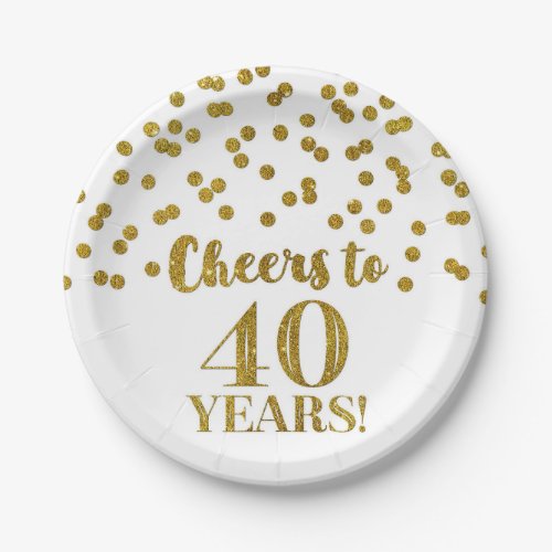 Gold Confetti Cheers to 40 Years Birthday Paper Plates