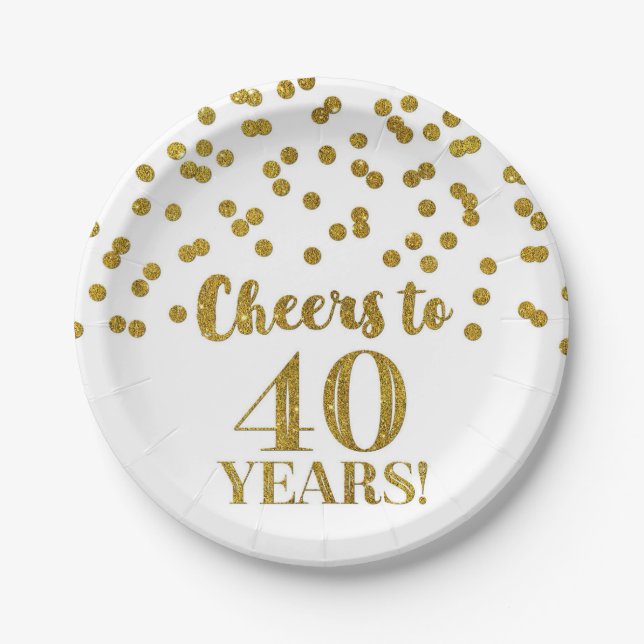 Gold Confetti Cheers to 40 Years Birthday Paper Plates (Front)