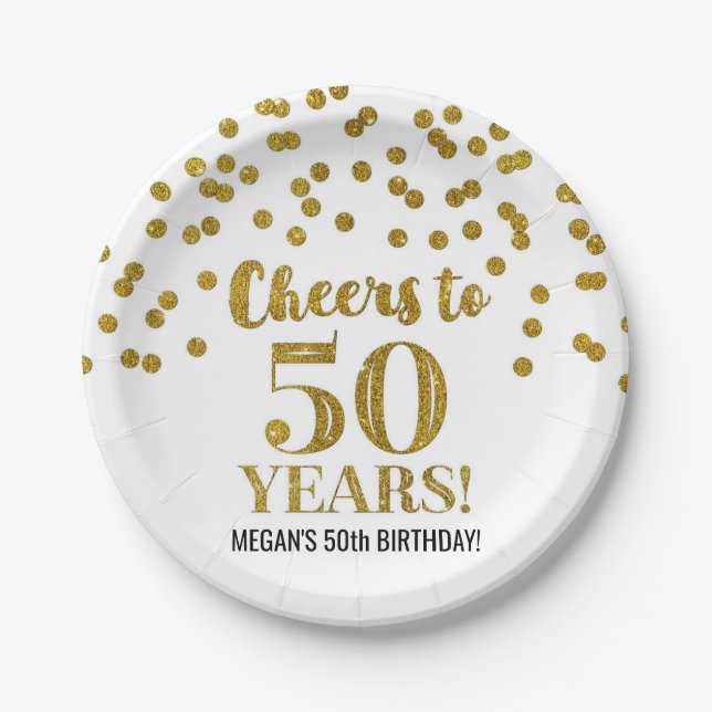Gold Confetti Cheers to 50 Years Birthday Paper Plates (Front)