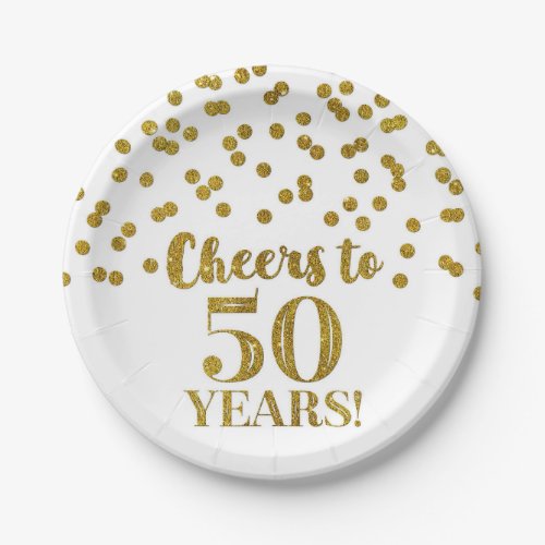 Gold Confetti Cheers to 50 Years Birthday Paper Plates