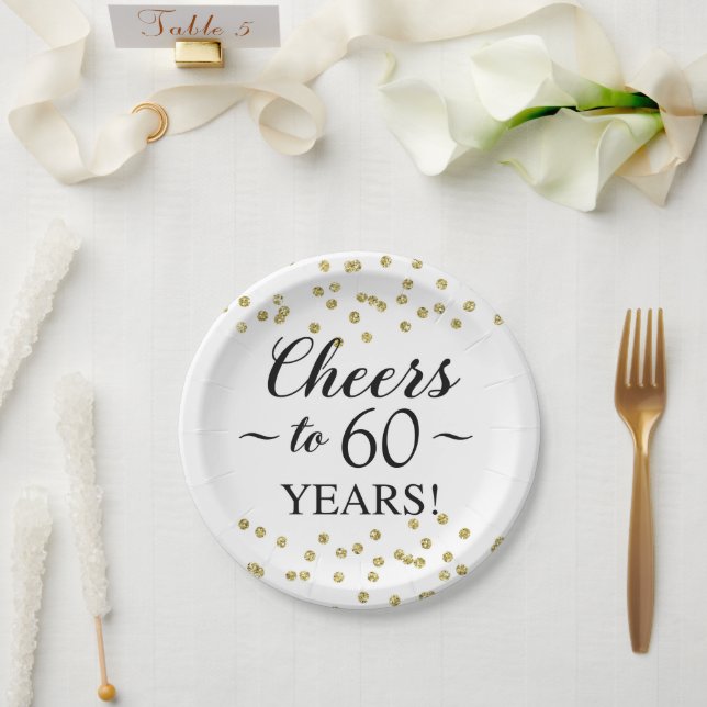 Gold Confetti Cheers to 60 Years Paper Plates (Wedding)
