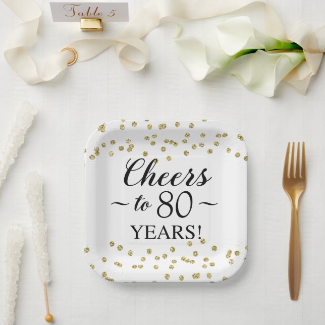 Gold Confetti Cheers to 80 Years Paper Plates (Wedding)