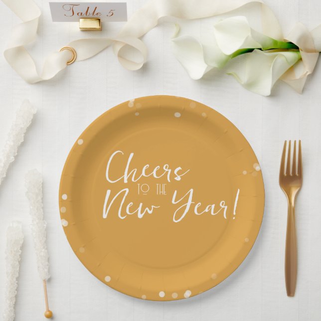 Gold Confetti Cheers to the New Year Paper Plates (Wedding)