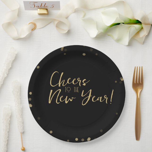Gold Confetti Cheers to the New Year Paper Plates (Wedding)