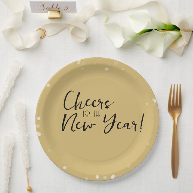 Gold Confetti Cheers to the New Year Paper Plates (Wedding)