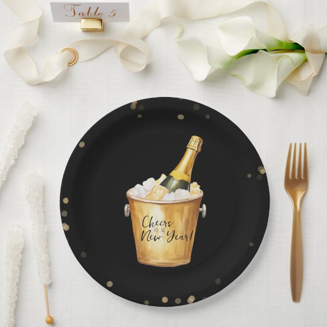 Gold Confetti Cheers to the New Year Paper Plates (Wedding)