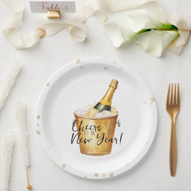 Gold Confetti Cheers to the New Year Paper Plates (Wedding)
