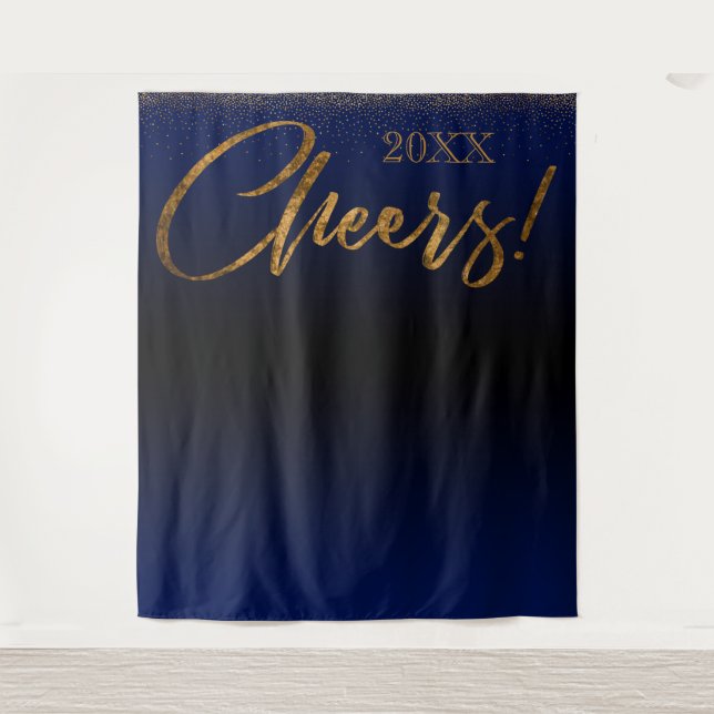 Gold Confetti "Cheers!" Year Blue Ombre Backdrop (Front)