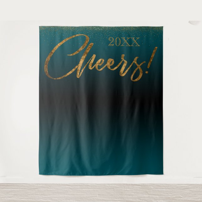 Gold Confetti "Cheers!" Year Teal Ombre Backdrop (Front)