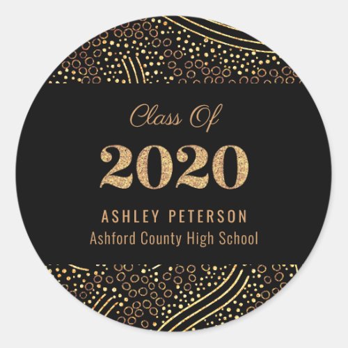 Gold Confetti Class of 2020 Black Graduation Party Classic Round Sticker