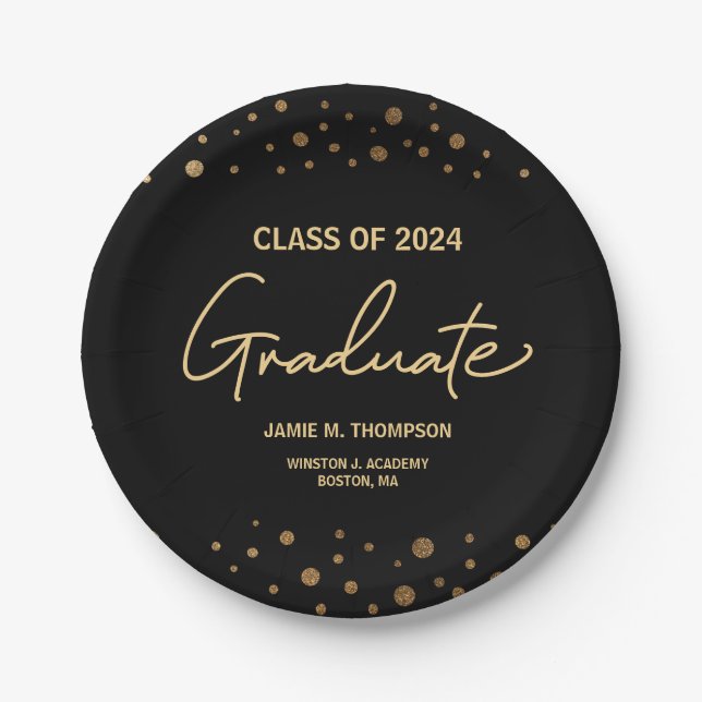 Gold Confetti Class of 2024 graduation Paper Plates (Front)