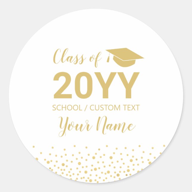 Gold Confetti Class of Graduation Party Favor Classic Round Sticker (Front)