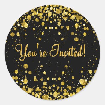 Gold Confetti Classic Round Sticker by GlitterInvitations at Zazzle