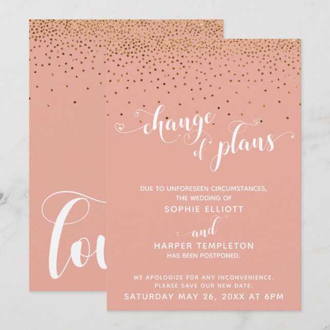 Gold Confetti & Coral "Change of Plans" Card (Front/Back)