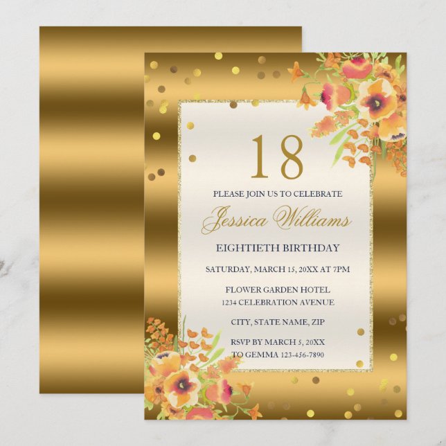 Gold Confetti & Corner Flowers 18th Birthday Invitation (Front/Back)