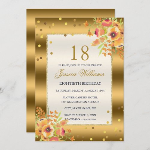 Gold Confetti  Corner Flowers 18th Birthday Invitation