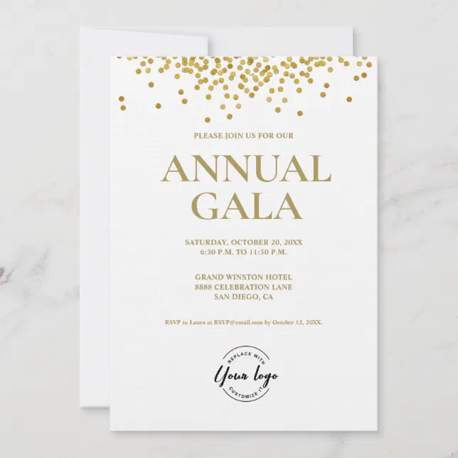 Gold confetti Custom logo Gala corporate event Invitation | Zazzle