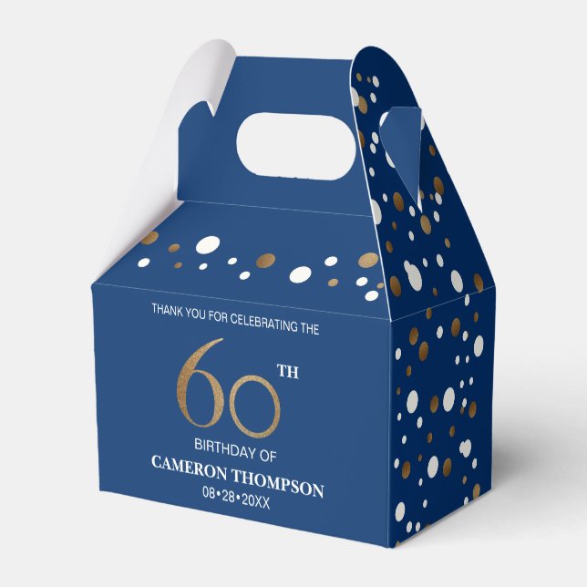 Gold Confetti Dark blue 60th birthday Custom  Favor Boxes (Back Side)