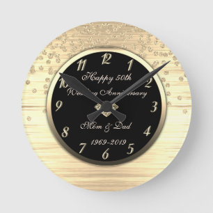 Gold Confetti Diamond 50th Wedding Anniversary Round Clock