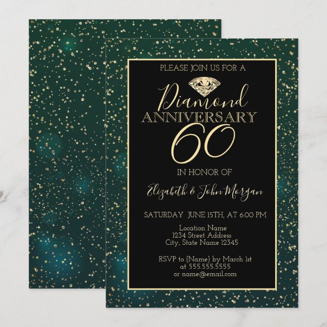 Gold Confetti Diamond Green Wedding Anniversary  Invitation (Front/Back)