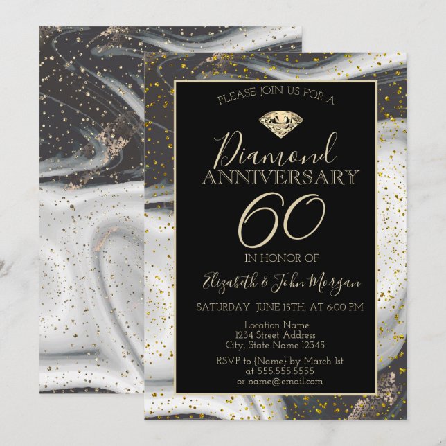 Gold Confetti Diamond Marble  Wedding Anniversary Invitation (Front/Back)