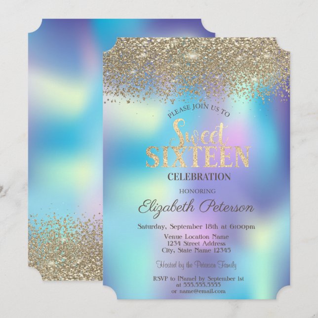 Gold Confetti Diamonds Blue Holographic Sweet 16 Invitation (Front/Back)