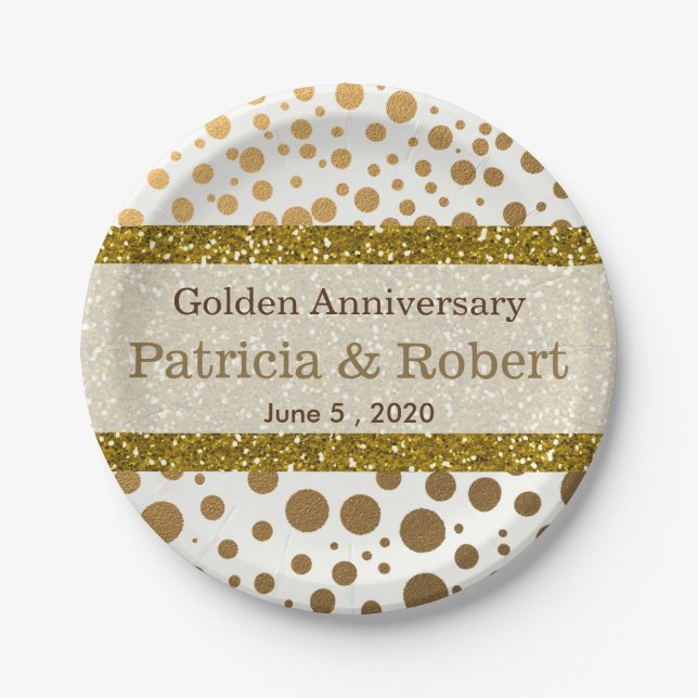 Gold Confetti Dots 50th Wedding Anniversary Paper Plates (Front)