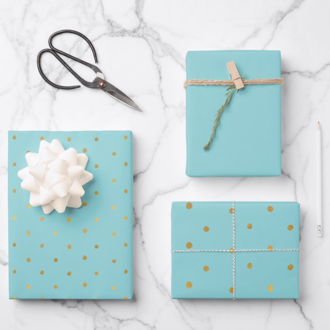Gold Confetti Dots Aqua Mint Christmas Wrapping Paper Sheets (Front)