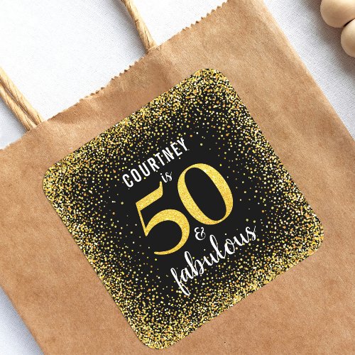 Gold confetti dots black 50 fabulous script modern square sticker