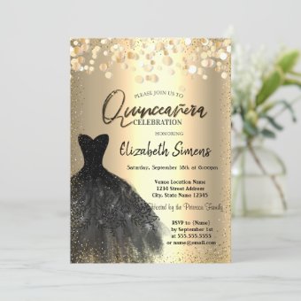 Gold Confetti Dots,Black Dress Quinceañera Invitation | Zazzle