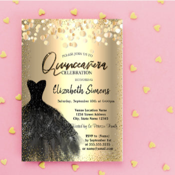 Gold Confetti Dots Black Dress Quinceañera Invitation by Biglibigli at Zazzle