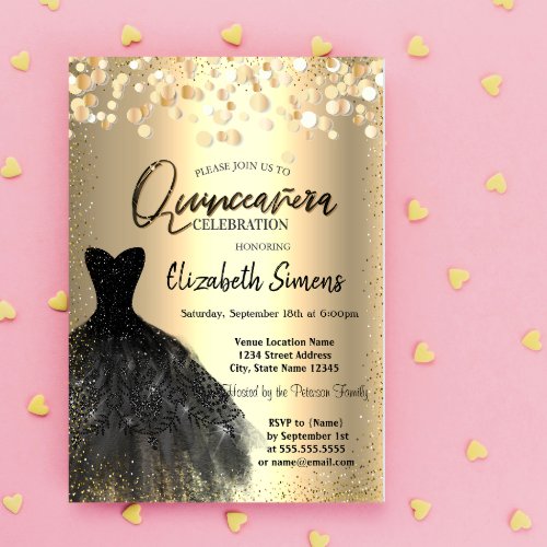 Gold Confetti DotsBlack Dress Quinceaera Invitation