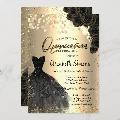 Gold Confetti DotsBlack Dress Roses Quinceaera  Invitation