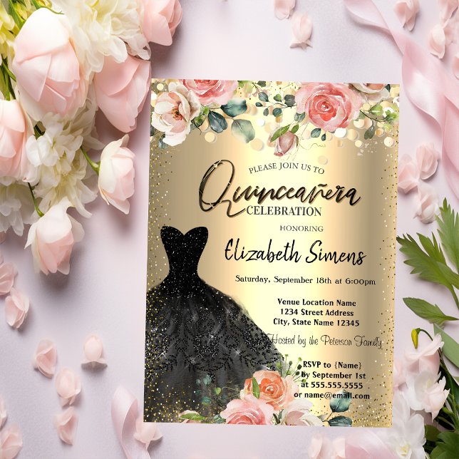 Gold Confetti Dots,Black Dress Roses Quinceañera Invitation (Creator Uploaded)