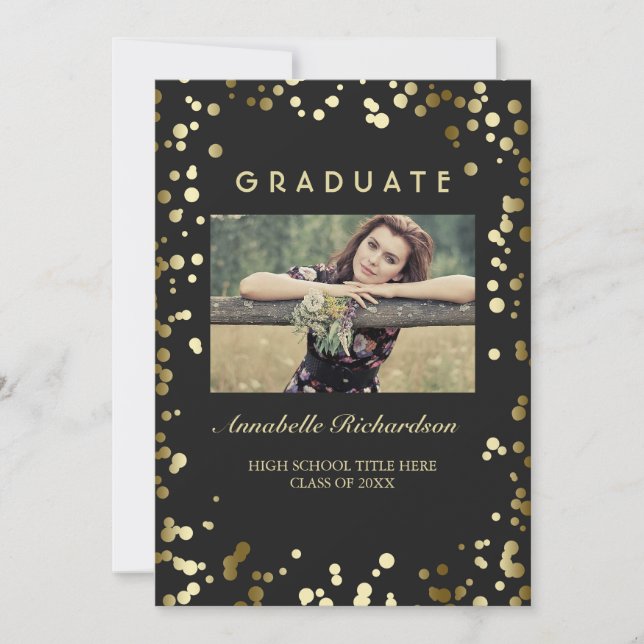 Gold Confetti Dots Black Elegant Photo Graduation Invitation (Front)