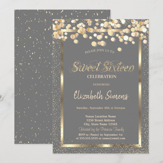 Gold Confetti Dots  Brown Sweet 16 Invitation (Front/Back)