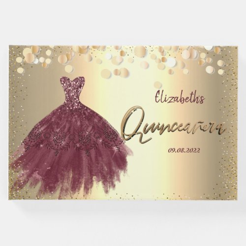 Gold Confetti DotsBurgundy Dress Quinceaera  Guest Book