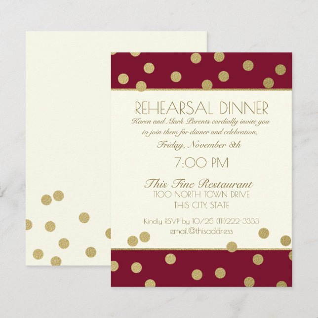 Gold Confetti Dots Burgundy Rehearsal Dinner Invitation (Front/Back)