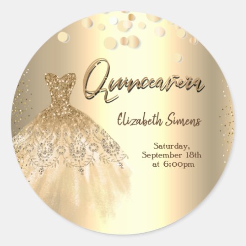 Gold Confetti DotsChic Dress Quinceaera  Classic Round Sticker