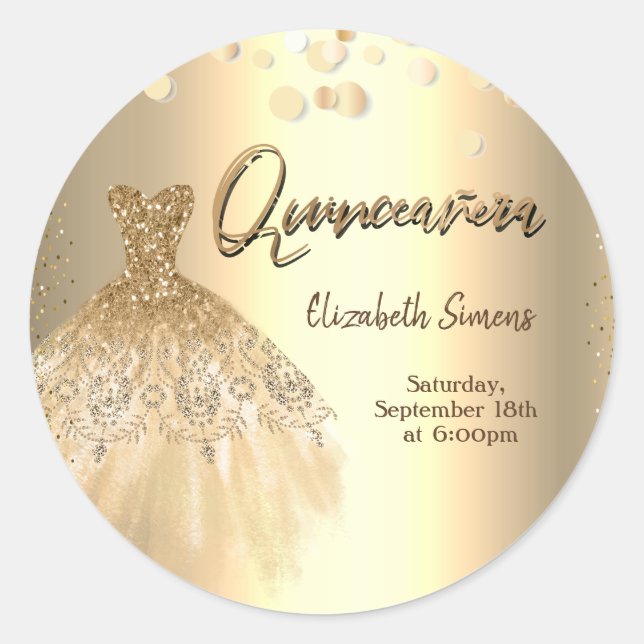 Gold Confetti Dots,Chic Dress Quinceañera  Classic Round Sticker (Front)