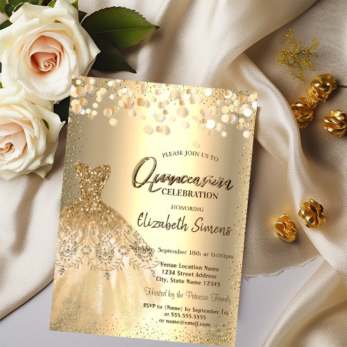 Gold Confetti DotsChic Dress Quinceaera Invitation